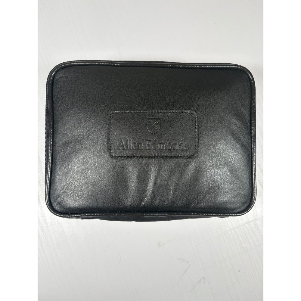 Allen Edmonds Black Leather Travel Pouch Zippered Toiletry Organizer Case Logo